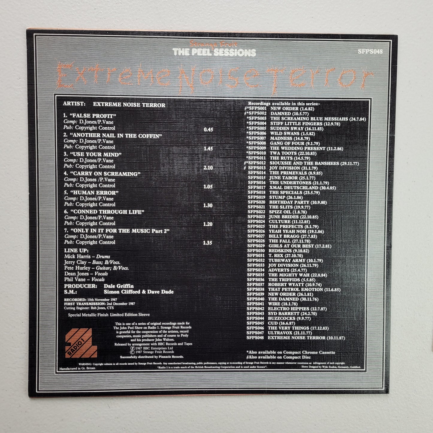Extreme Noise Terror,The Peel Sessions,There are two inserts,12" Single